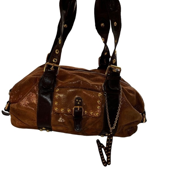 MARCIANO Metallic Brown Kid Skin and Leather Satchel Shoulder Bag Purse PreOwned - Picture 3 of 10